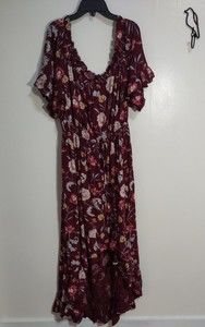 Women's Sz XL Maroon Off the Shoulder Floral Pattern High-Low Dress Drawstring
